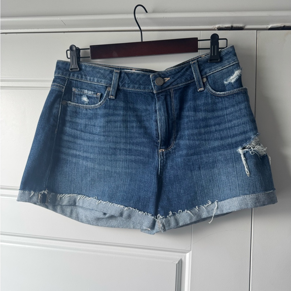 PAIGE Dark Blue Frayed Hem Jean Shorts